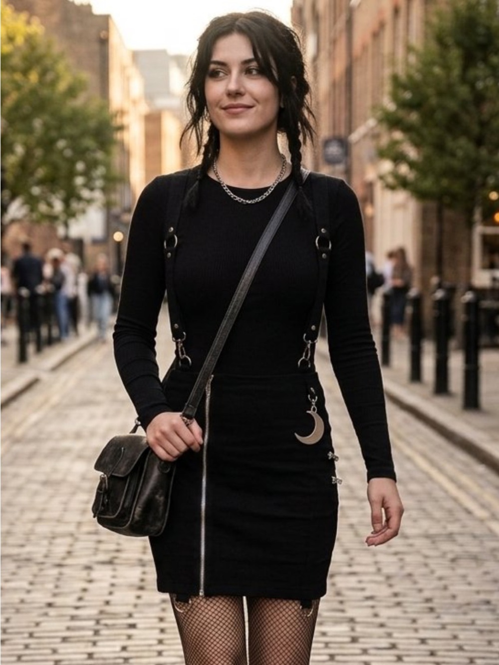 Black Long-Sleeve Mini Skirt with Moon Charm Hardware